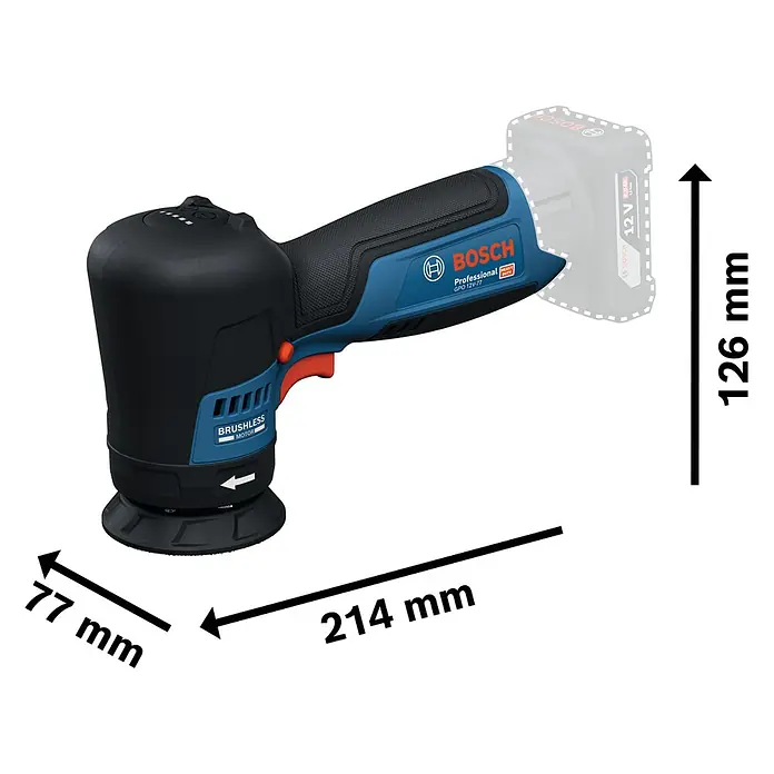 Bosch Professional Akku-Poliermaschine GPO 12V-77 - 12 V, Ohne Akku, Leerlaufdrehzahl: 600 U/min - 2.200 U/min - Abbildung eines Bosch Professional GPO 12V-77 Akku-Polierers mit Maßangaben.