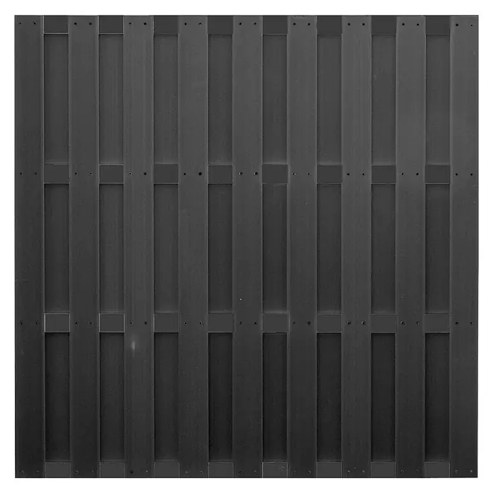 T & J Sichtschutzelement Emden - 180 x 180 cm, Anthrazit - Schwarzer Holzzaun mit vertikalen Brettern, die durch horizontale Stützen verbunden sind, ideal für Privatsphäre und Sicherheit.
