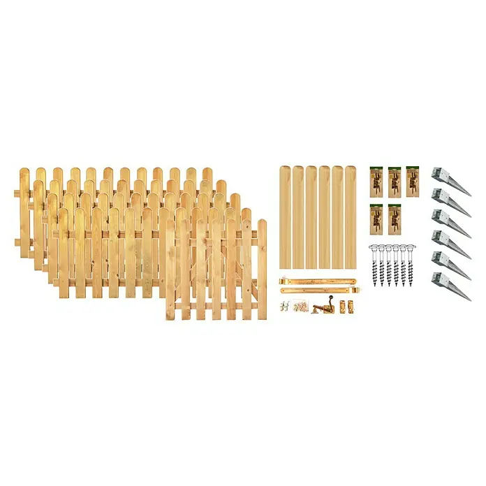 T & J Zaun-Set Houston 1 - 874 x 80 cm, Kesseldruckimprägniert - Bild einer Gartenzaun-Kollektion mit Zaunelementen, Pfostenankern und Zubehör, ideal für die Gestaltung Ihres Außenbereichs.
