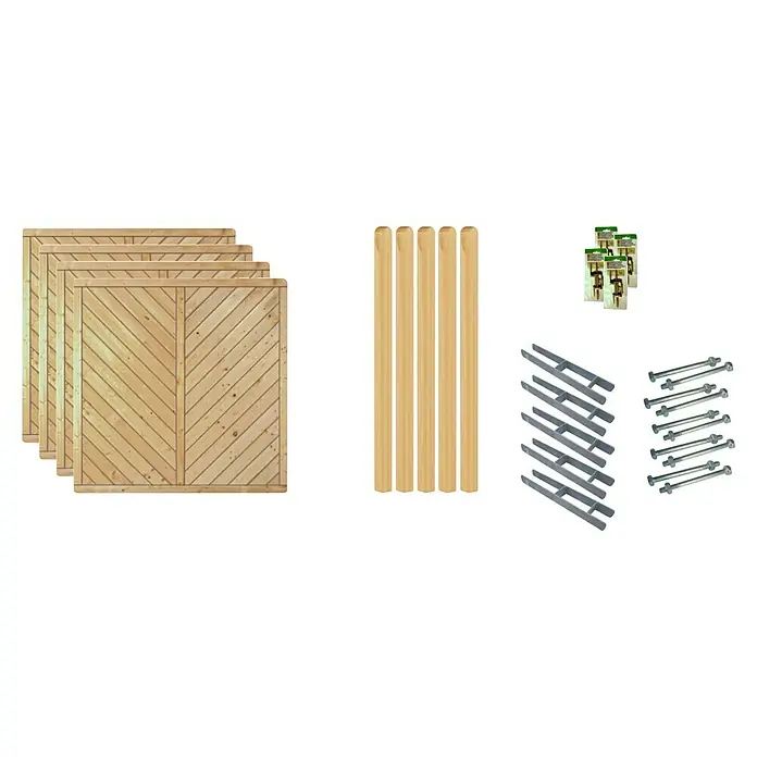 T & J Zaun-Set Chicago 2 - 585 x 180 cm, Kesseldruckimprägniert Grün, 23 -tlg., 4 Elemente 180 cm - Das Bild zeigt ein Set von Holzzäunen mit diagonalem Muster, Holzpfosten, Metallbeschlägen und Schrauben für den Aufbau eines Gartenzauns.