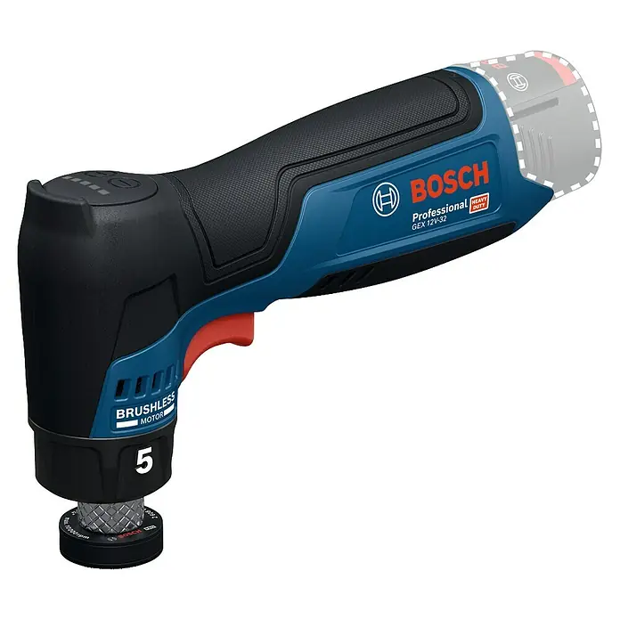 Bosch Professional Akku-Exzenterschleifer GEX 12V-32 - 12 V, Ohne Akku, Durchmesser Schleifteller: 32 mm - Abbildung des Bosch GEX 12V-13 Akku-Exzenterschleifers, ein professionelles Elektrowerkzeug für Schleifarbeiten mit variabler Drehzahlregelung.
