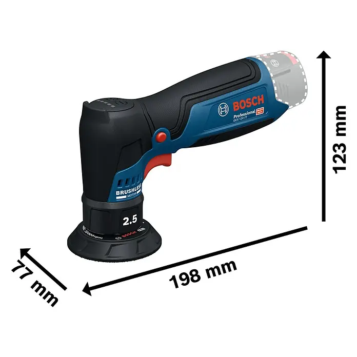 Bosch Professional Akku-Exzenterschleifer GEX 12V-77 - 12 V, Ohne Akku, Durchmesser Schleifteller: 77 mm - Abbildung eines Bosch Professional GEX 12V-77 Akku-Exzenterschleifers, der die kompakte Bauweise und die Abmessungen des Werkzeugs hervorhebt.
