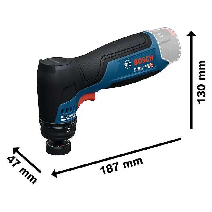 Bosch Professional Akku-Schwingschleifer GSS 12V-32 - 12 V, Ohne Akku, Leerlaufschwingzahl: 6.000 U/min - 16.000 U/min - Abbildung eines Bosch GSS 12V-32 Akku-Winkelschleifers mit Maßangaben. Kompaktes und leistungsstarkes Werkzeug für Profis.