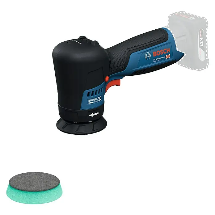 Bosch Professional Akku-Poliermaschine GPO 12V-77 - 12 V, Ohne Akku, Leerlaufdrehzahl: 600 U/min - 2.200 U/min - Das Bild zeigt den Bosch GPO 12V-77 Akku-Poliermaschine, ein professionelles Werkzeug für Polierarbeiten mit einem Akku und Polieraufsatz.