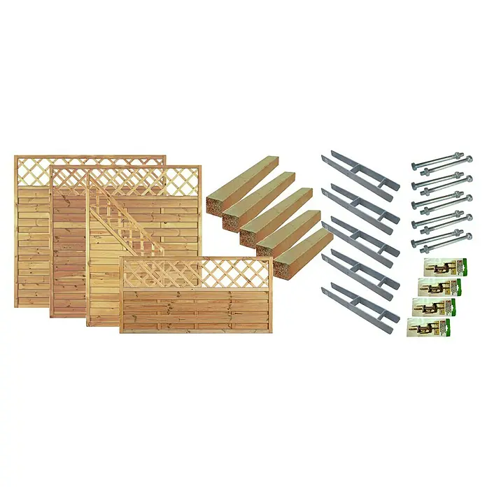 T & J Zaun-Set Memphis - 675 x 180 cm, Kesseldruckimprägniert Grün, 23 -tlg. - Abbildung eines Holzzauns mit verschiedenen Paneelen, Pfosten, Metallstützen und Beschlägen für den Aufbau des Zauns.