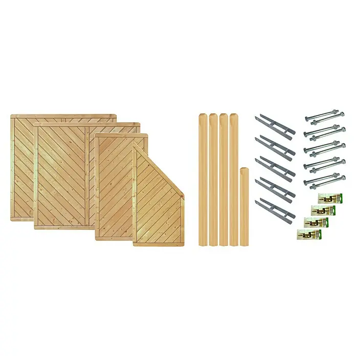 T & J Zaun-Set Chicago 1 - 585 x 180 cm, Kesseldruckimprägniert Grün, 23 -tlg., 2 x 90 cm Elemente, 2 x 180 cm Elemente - Produktansicht verschiedener Holzwandpaneele, Metallstützen und Beschläge, geeignet für den Bau von Gartenstrukturen oder Schuppen.