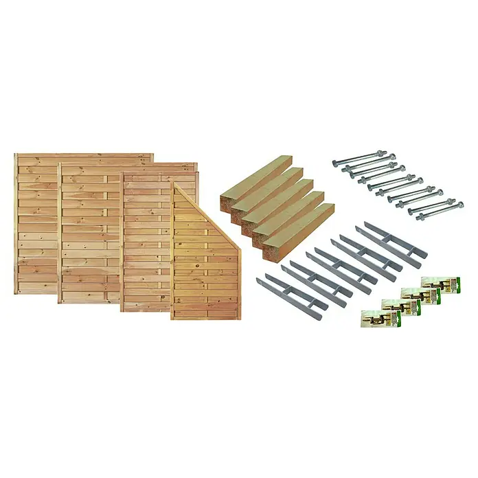 T & J Zaun-Set Manhatten - 585 x 180 cm, Kesseldruckimprägniert Grün, 23 -tlg. - Bild eines Holzgartenzauns mit Pfosten, Beschlägen und Befestigungen, die sich ideal für jeden Garten eignen und langlebig sind.