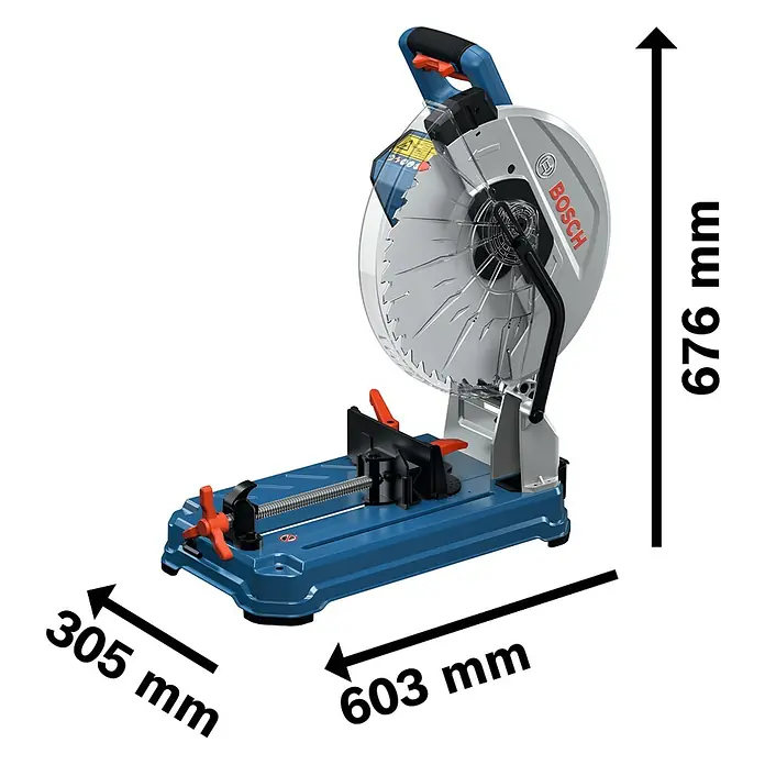 Bosch Professional AMPShare 18V Akku-Metalltrennsäge GCD 18V-355 - 18 V, Ohne Akku, 1.300 U/min - Das Bild zeigt eine Bosch Metalltrennsäge mit Angaben zu ihren Abmessungen (Höhe, Breite, Tiefe).
