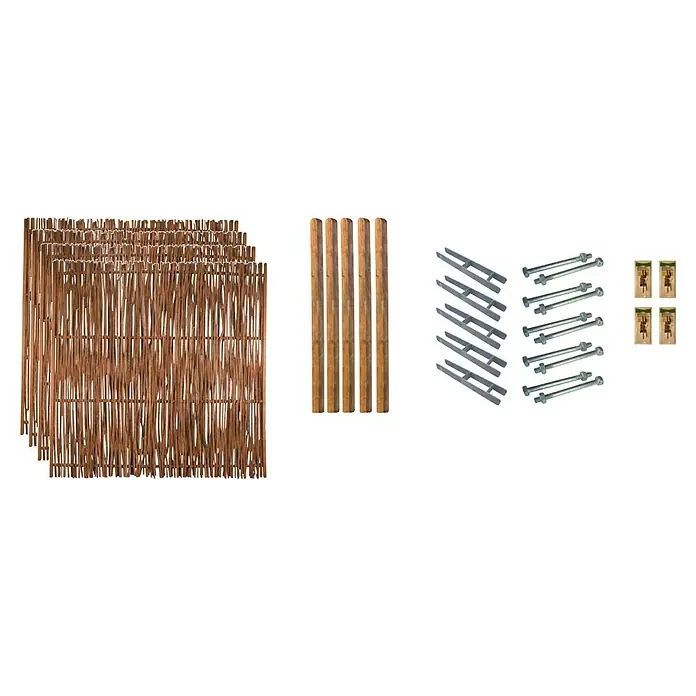 T & J Zaun-Set Fontana - 765 x 180 cm, Braun, 23 -tlg. - Produktabbildung eines Zaunsatzes mit natürlichem Design und passendem Zubehör für eine einfache Installation.