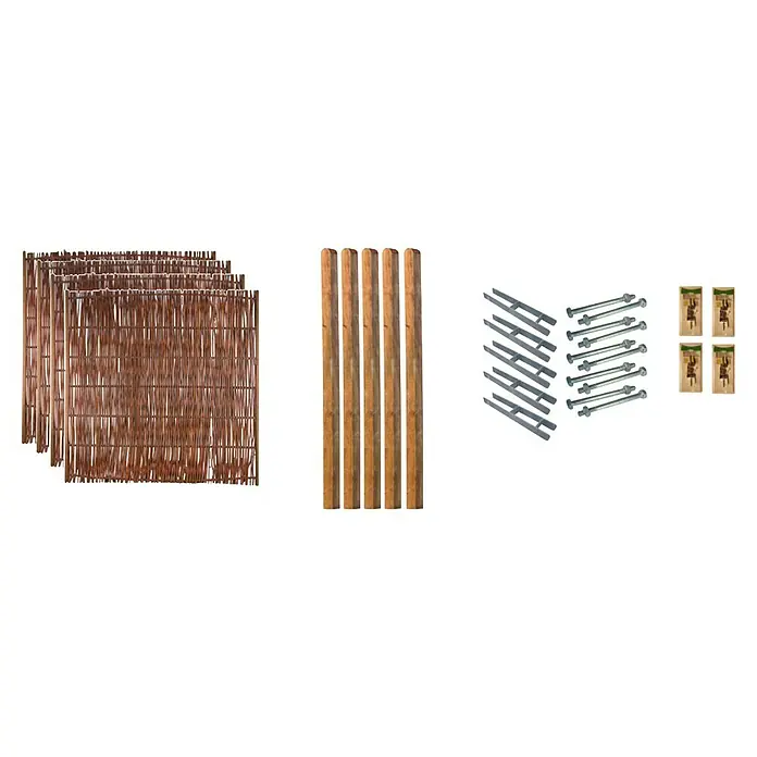 T & J Zaun-Set Portland - 765 x 180 cm, Braun, 23 -tlg. - Dieses Bild zeigt ein Set zur Montage eines Sichtschutzzauns, inklusive Matten, Pfosten, Halterungen und Schrauben, für den Garten.