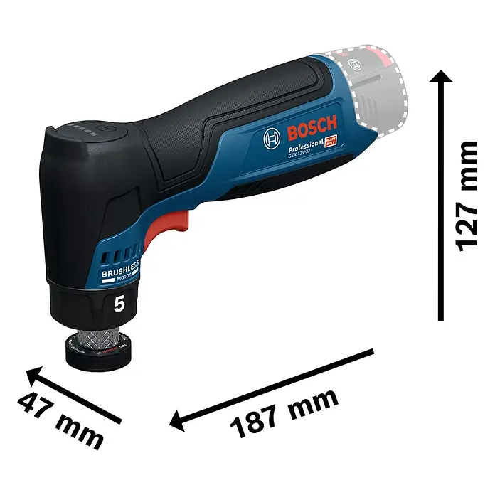 Bosch Professional Akku-Exzenterschleifer GEX 12V-32 - 12 V, Ohne Akku, Durchmesser Schleifteller: 32 mm - Abbildung eines Bosch GEX 12V-32 Akku-Exzenterschleifers mit Größenangaben. Ein Werkzeug für präzises Schleifen.