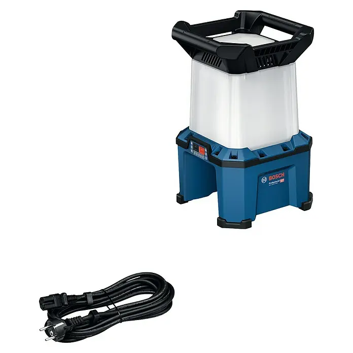 Bosch Professional AMPShare 18V Akku-Bauleuchte - 18 V, Anzahl Akkus: Ohne Akku, 7.500 lm - Produktbild einer Bosch Akku-Baustellenleuchte mit Netzkabel. Kompaktes, blaues Design mit hellem Leuchtkörper für den professionellen Einsatz.