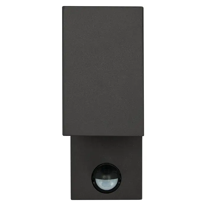 E2 elektro Außenwandleuchte Aster - 15 W, 17 x 7 x 10,4 cm, Anthrazit, IP65 - Nahaufnahme einer grauen Steinel Außenleuchte mit einem Bewegungsmelder unten, ideal für die Wandmontage.