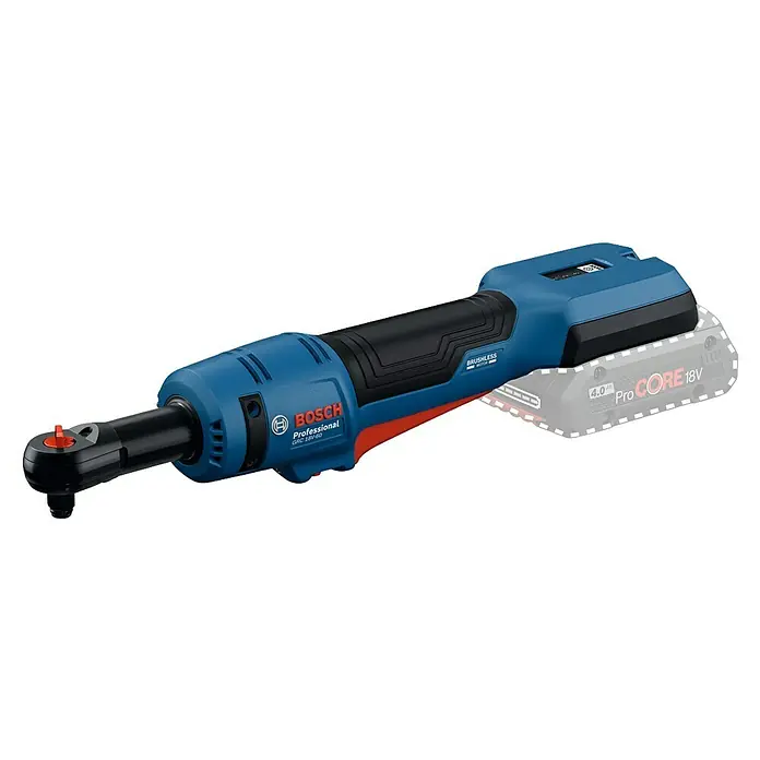 Bosch Professional AMPShare 18V Akku-Ratschenschrauber - 18 V, Ohne Akku, ⅜″ Vierkant - Akku-Drehschlagschrauber GRC 18V-60 von Bosch Professional, mit blauem Gehäuse und schwarzem Griff, ideal für enge Arbeitsbereiche.