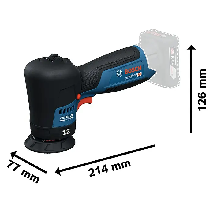 Bosch Professional Akku-Poliermaschine GPX 12V-77 - 12 V, Ohne Akku, Leerlaufdrehzahl: 1.400 U/min - 7.000 U/min - Abbildung einer Bosch GPX 18V-10 Professional Poliermaschine mit Maßangaben.