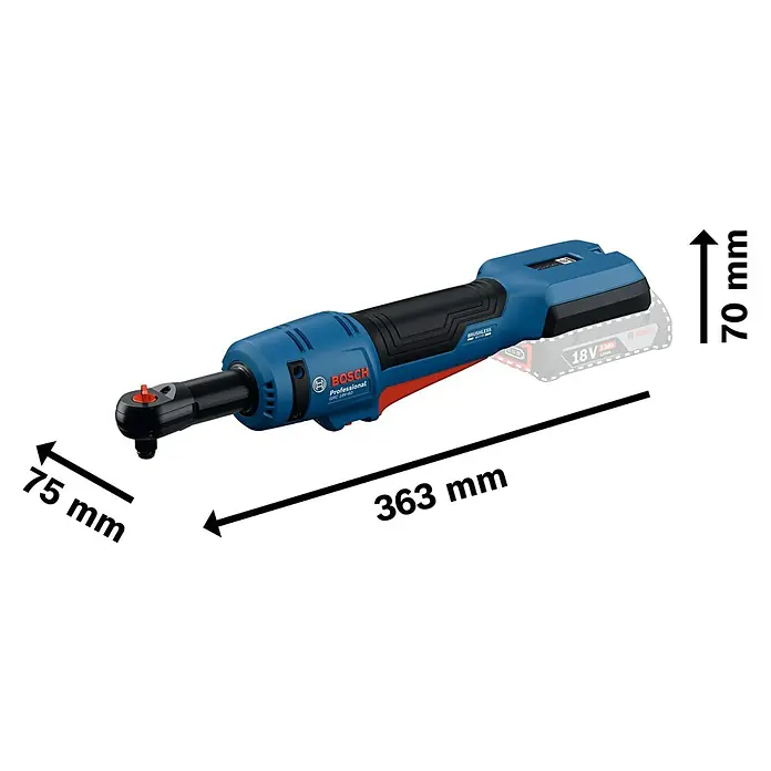 Bosch Professional AMPShare 18V Akku-Ratschenschrauber - 18 V, Ohne Akku, ⅜″ Vierkant - Das Bild zeigt einen Akku-Ratschenschrauber von Bosch Professional mit Abmessungen von 363 mm Länge, 75 mm Breite und 70 mm Höhe.