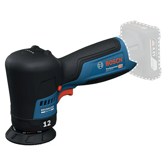 Bosch Professional Akku-Poliermaschine GPX 12V-77 - 12 V, Ohne Akku, Leerlaufdrehzahl: 1.400 U/min - 7.000 U/min - Abbildung eines Bosch GPX 12V-77 Akku-Polierexperte mit bürstenlosem Motor, ideal zum Polieren verschiedener Oberflächen.