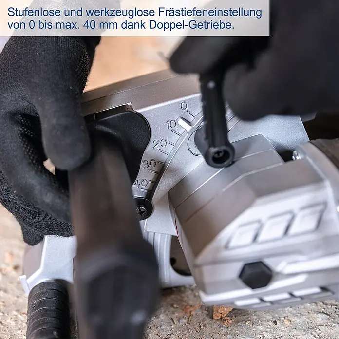 Scheppach Mauernutfräse MNF2250 - 2.250 W, Durchmesser Scheibe: 125 mm - Detailaufnahme einer Fräse mit stufenloser und werkzeugloser Frästiefeneinstellung von 0 bis max. 40 mm, dank Doppel-Getriebe.