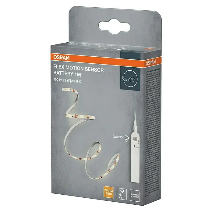 Osram LED-Band Sensor - Länge: 100 cm, Lichtfarbe: Warmweiß, 2 W - Verpackung der OSRAM Flex Motion Sensor Batterieleuchte 1M. Die LED-Leuchte mit Bewegungssensor für den Innenbereich in warmweiß.
