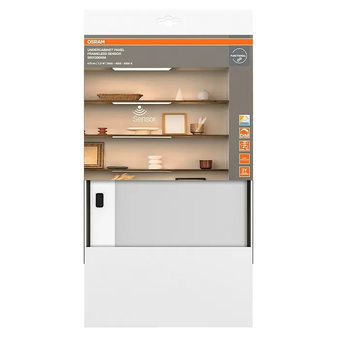 Osram LED-Unterbauleuchte - L x B x H: 30 x 20 x 0,8 cm, Lichtfarbe: Tageslichtweiß, 220 V - 240 V - Produktverpackung für ein OSRAM Unterbauleuchten-Panel mit rahmenlosem Sensor, 300x200mm, 470lm, 7.5W, Farbtemperatur 3000-6500K, mit Dimmfunktion.