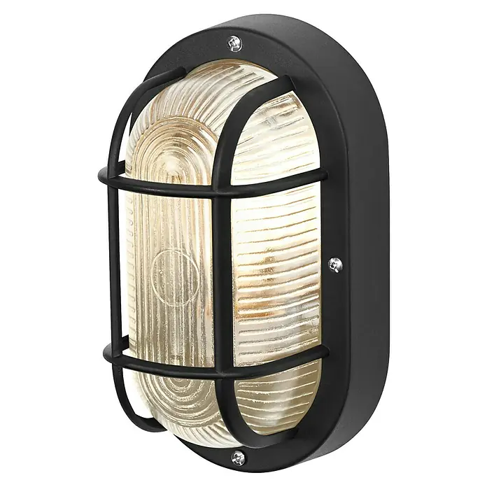 Osram Wand- & Deckenleuchte Bulkhead Essential - L x B x H: 9,8 x 11 x 20,7 cm, Schwarz, E27 - Eine ovale Wandleuchte mit einem schwarzen Metallgitter und einer geriffelten Glasabdeckung.
