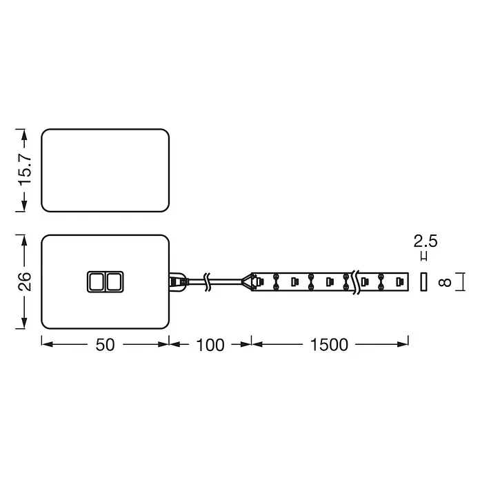 Osram LED-Band Sensor - Länge: 150 cm, Lichtfarbe: Kaltweiß, 5,5 W, 310 lm, 220 V - 240 V - Produktdiagramm mit Maßen für eine LED-Leuchte, inklusive Netzteil und Zubehör, zur detaillierten Produktansicht.