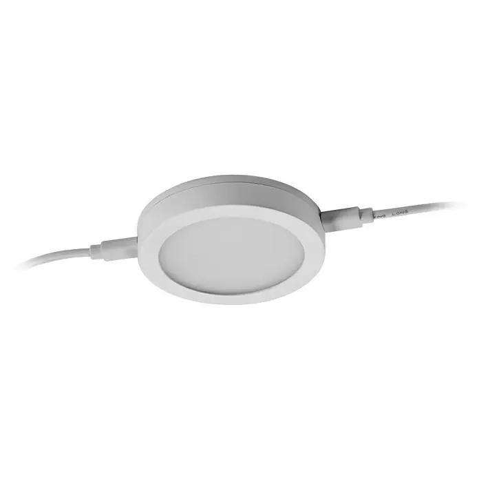Osram LED-Unterbauleuchte Flexus - Lichtfarbe: Warmweiß, 220 V - 240 V - Nahaufnahme einer runden, versenkten LED-Deckenleuchte in Weiß mit Stromkabel für den Innenbereich.