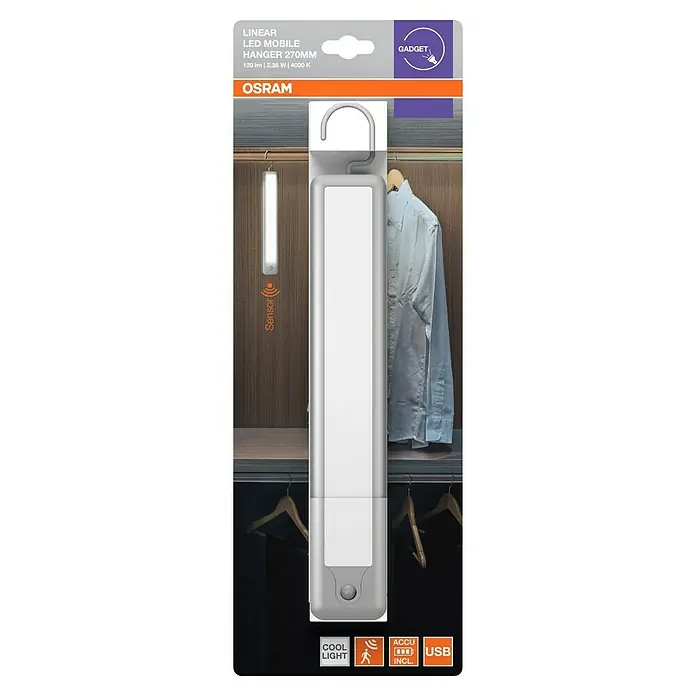 Osram LED-Unterbauleuchte Linearleuchte Mobil Hänger - L x B x H: 32,4 x 4,7 x 1,5 cm, Lichtfarbe: Kaltweiß - Das Osram Linear LED Mobile Hanger 270mm ist eine praktische Schrankleuchte mit Bewegungssensor, ideal für die Beleuchtung von Kleiderschränken.