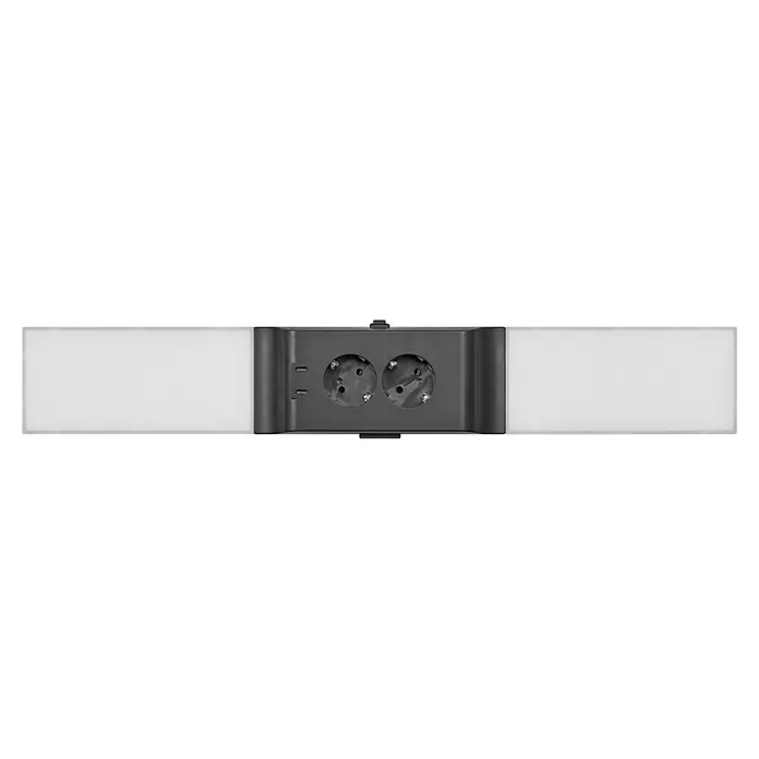Osram LED-Unterbauleuchte mit Steckdose - L x B x H: 54,8 x 8,1 x 4,1 cm, Lichtfarbe: Warmweiß, 220 V - 240 V, Schwarz - Eine Nahaufnahme einer schwarzen Steckdosenleiste mit zwei Steckdosen und einem hellen Hintergrund.