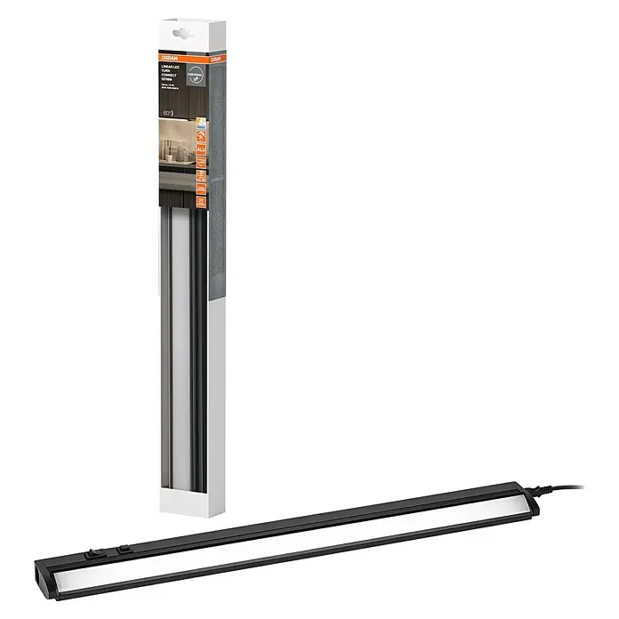 Osram LED-Unterbauleuchte Linear - L x B x H: 55,7 x 6 x 2,4 cm, Lichtfarbe: Tageslichtweiß, 220 V - 240 V, Schwarz - Ein Osram Linear LED Connect Unterbauspot in der Verpackung und daneben die montierte Lampe.