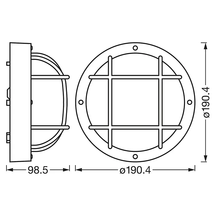 Osram Wand- & Deckenleuchte Bulkhead Essential - Schwarz, 19 x 9,8 cm, E27 - Technische Zeichnung einer runden Wandleuchte mit Schutzgitter und Maßangaben zu Durchmesser und Tiefe.