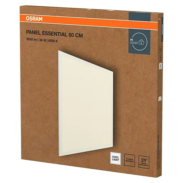 Osram LED-Panel Essential - 36 W, L x B x H: 59,6 x 59,6 x 3,5 cm, Weiß, Kaltweiß - Eine OSRAM Panel Essential 60 cm Leuchte in der Verpackung, die Eigenschaften wie 3850 lm, 36 W, 4000 K, Cool Light und 3 Jahre Garantie hervorhebt.