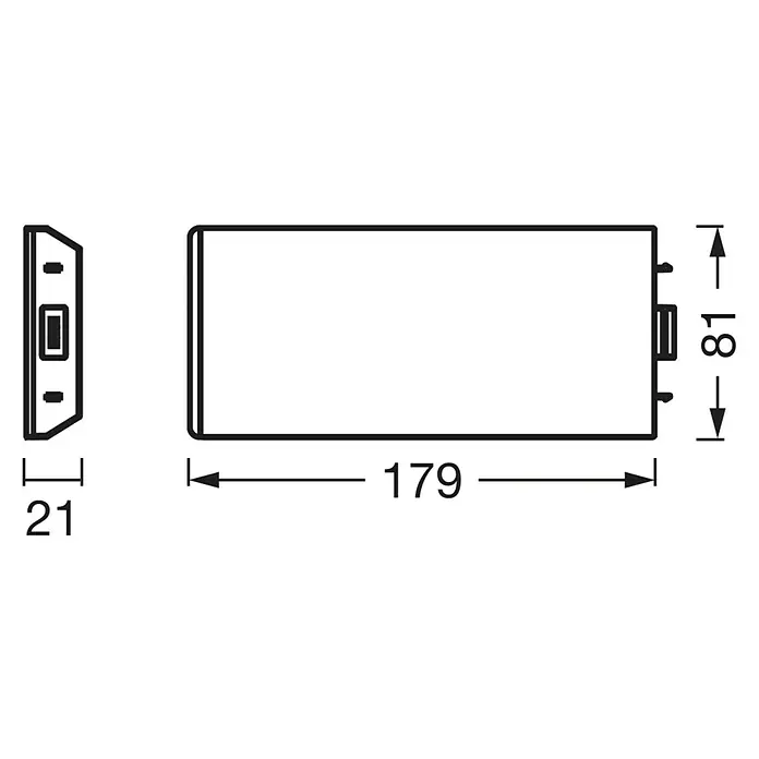 Osram LED-Unterbauleuchte Erweiterung - L x B x H: 17,9 x 8,1 x 2,1 cm, Lichtfarbe: Warmweiß, Weiß - Produktskizze eines länglichen Kastens mit den Maßen 179 x 81 x 21 mm, ideal für technische Zeichnungen oder Baupläne.