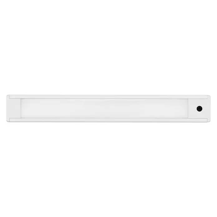 Osram LED-Unterbauleuchte - L x B x H: 30 x 4 x 0,6 cm, Lichtfarbe: Tageslichtweiß, 220 V - 240 V - Nahaufnahme einer weißen, rechteckigen LED-Unterbauleuchte mit minimalistischem Design und einem schwarzen Befestigungsloch an der Seite.