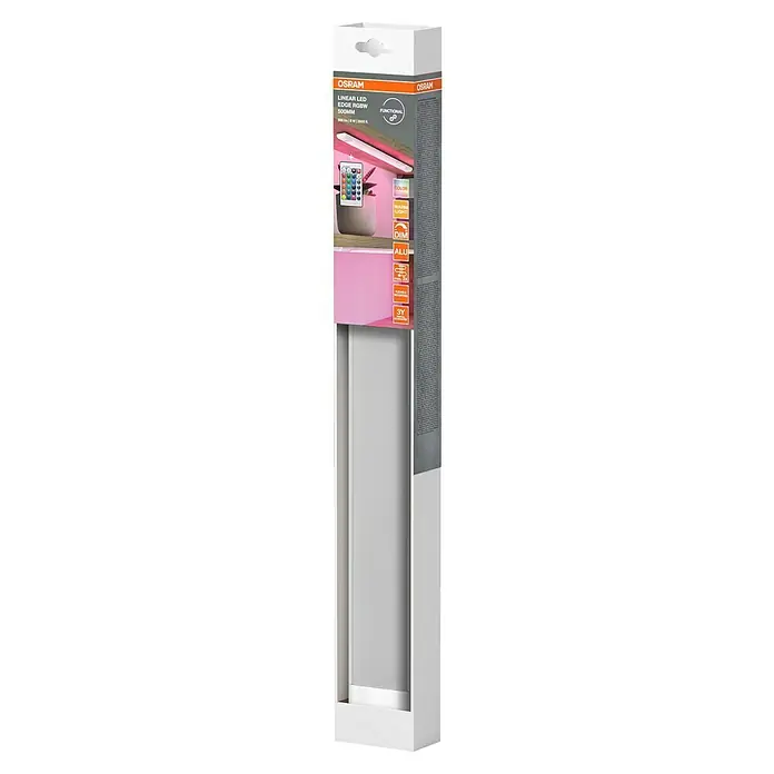 Osram LED-Unterbauleuchte Linear - L x B x H: 50 x 4,9 x 1,8 cm, Lichtfarbe: Warmweiß, 220 V - 240 V - Ein Produktfoto des Osram Linear LED Edge RGBW, einer 500 mm langen LED-Leuchte mit Farbwechsel und Dimmfunktion, ideal für die Möbelbeleuchtung.