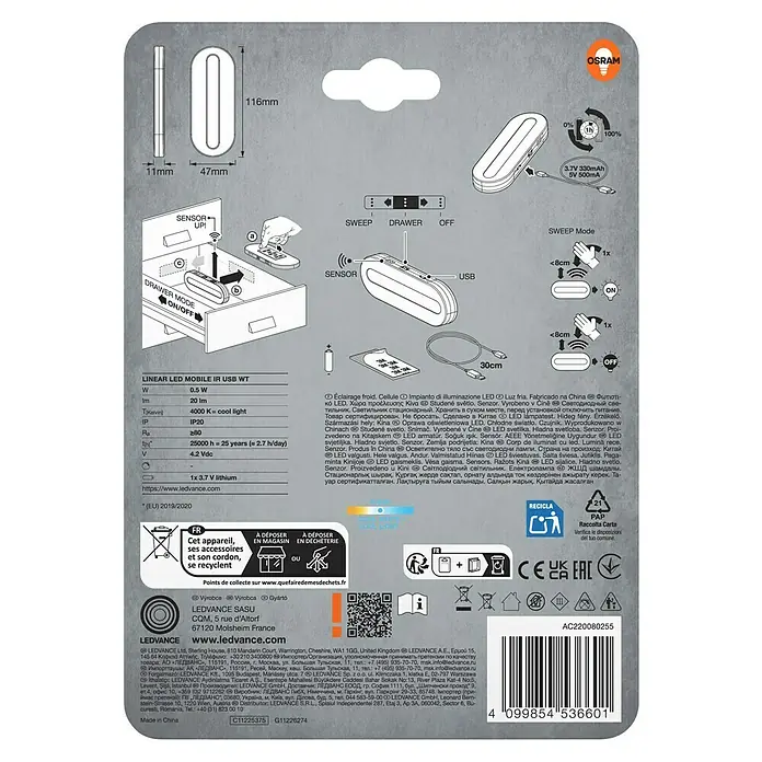 Osram LED-Unterbauleuchte Mobileleuchte Linear LED - L x B x H: 11,6 x 1,1 x 4,7 cm, Lichtfarbe: Kaltweiß - Bild einer LEDVANCE Linear LED Mobile IR USB WT Leuchte, die für Schränke oder Schubladen geeignet ist.