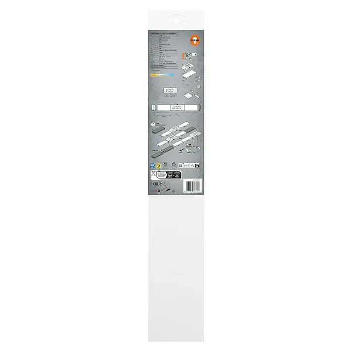 Osram LED-Unterbauleuchte mit Steckdose - L x B x H: 54,8 x 8,1 x 4,1 cm, Lichtfarbe: Warmweiß, 220 V - 240 V, Weiß - Bild des Osram Unterbausockels FL KIT MINI-CONNECT mit Montageanleitung und technischen Daten für den Heimgebrauch.