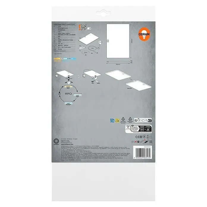 Osram LED-Unterbauleuchte - L x B x H: 30 x 20 x 0,8 cm, Lichtfarbe: Tageslichtweiß, 220 V - 240 V - Produktverpackung einer LEDVANCE Unterbauleuchte. Die Verpackung zeigt technische Details und Abmessungen der Leuchte.