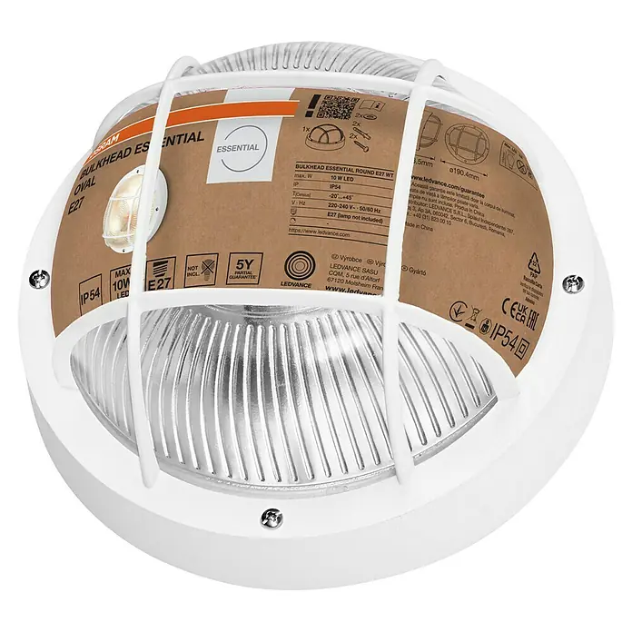 Osram Wand- & Deckenleuchte Bulkhead Essential - Weiß, 19 x 9,8 cm, E27 - Nahaufnahme einer LEDVANCE BULKHEAD ESENTIAL OVAL E27 Wandleuchte, die robustes Design und energieeffiziente Beleuchtung vereint.