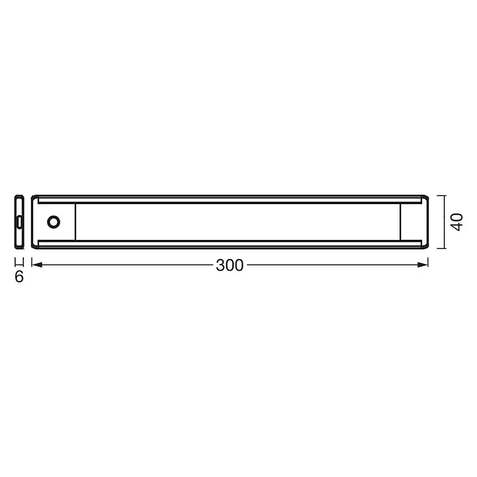Osram LED-Unterbauleuchte - L x B x H: 30 x 4 x 0,6 cm, Lichtfarbe: Tageslichtweiß, 220 V - 240 V - Technische Zeichnung eines länglichen rechteckigen Bauteils mit Maßen: 300 mm Länge, 40 mm Höhe und 6 mm Dicke.