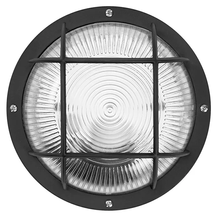Osram Wand- & Deckenleuchte Bulkhead Essential - Schwarz, 19 x 9,8 cm, E27 - Runde Wandleuchte mit Gitter und geriffeltem Glas. Robuste und stilvolle Leuchte für den Außenbereich mit schwarzem Rahmen und Schrauben.