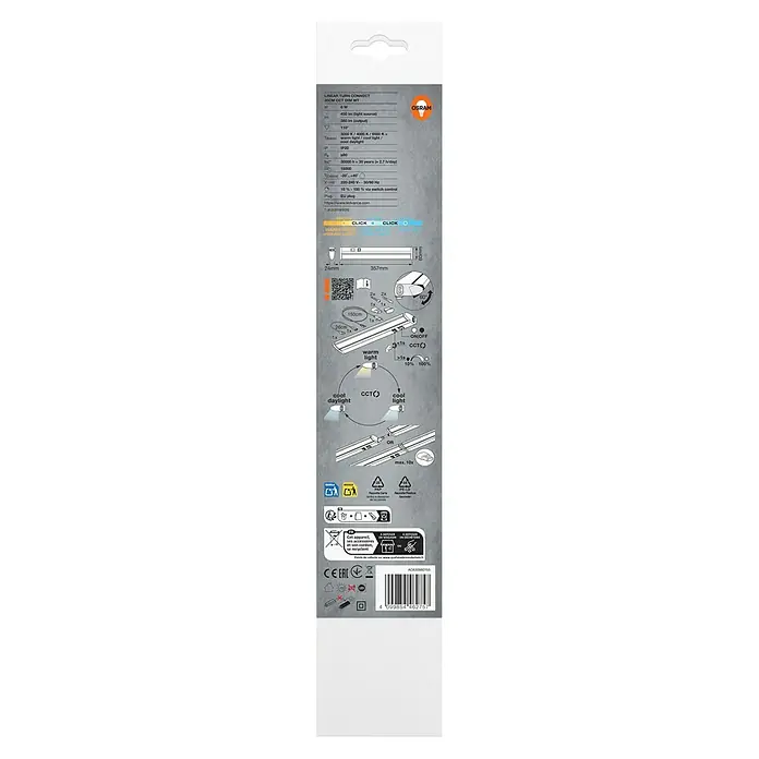 Osram LED-Unterbauleuchte Linear - L x B x H: 35,7 x 6 x 2,4 cm, Lichtfarbe: Tageslichtweiß, 220 V - 240 V, Weiß - Detailaufnahme der Produktverpackung einer LED-Leuchte. Sie zeigt technische Daten und Montageanleitungen für eine einfache Installation.