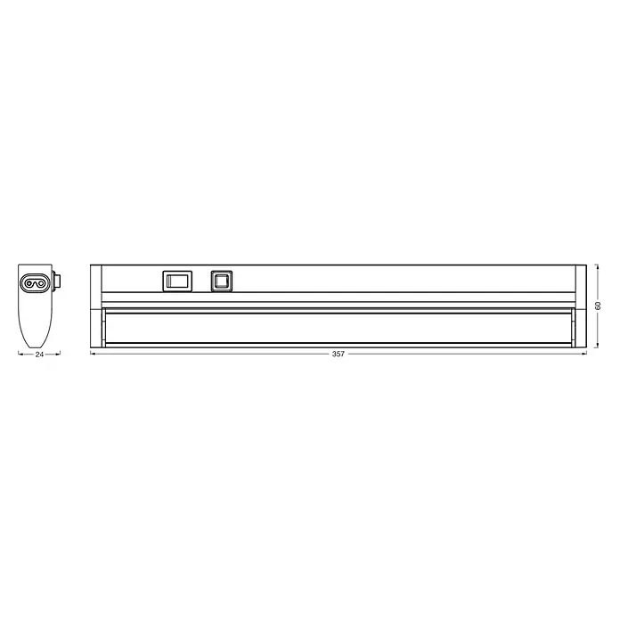 Osram LED-Unterbauleuchte Linear - L x B x H: 35,7 x 6 x 2,4 cm, Lichtfarbe: Tageslichtweiß, 220 V - 240 V, Schwarz - Produktansicht: Präzise Darstellung einer kompakten Leuchte mit den Maßen 357 x 60 x 24 mm, ideal für funktionale Beleuchtungslösungen.