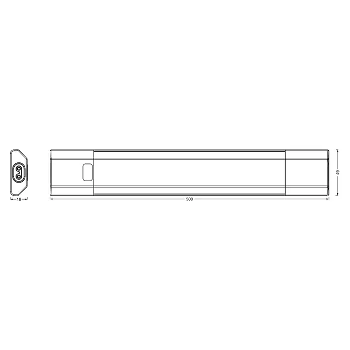 Osram LED-Unterbauleuchte Linear - L x B x H: 50 x 4,9 x 1,8 cm, Lichtfarbe: Tageslichtweiß, 220 V - 240 V - Produktabbildung eines linearen LED-Lichtleisten-Designs mit präzisen Abmessungen für Installationszwecke.