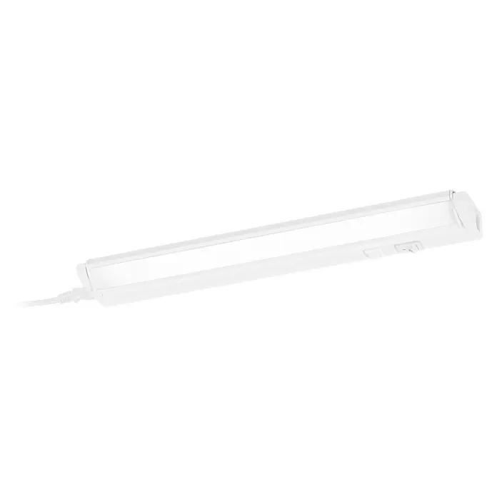 Osram LED-Unterbauleuchte Linear - L x B x H: 35,7 x 6 x 2,4 cm, Lichtfarbe: Tageslichtweiß, 220 V - 240 V, Weiß - Nahaufnahme einer weißen LED-Unterbauleuchte, ideal für die Beleuchtung von Arbeitsflächen in Küche oder Werkstatt, mit Schalter.