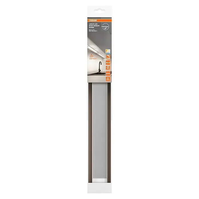 Osram LED-Unterbauleuchte Linear - L x B x H: 50 x 4,9 x 1,8 cm, Lichtfarbe: Tageslichtweiß, 220 V - 240 V - Nahaufnahme der Verpackung einer OSRAM LED-Leuchte mit Bewegungssensor, ideal für Küchen.