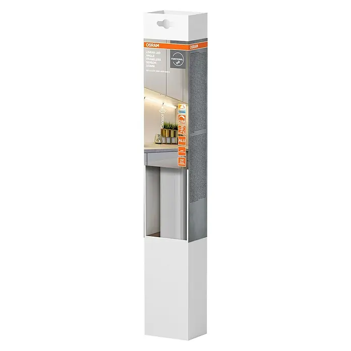 Osram LED-Unterbauleuchte Linear - L x B x H: 35 x 3,6 x 1,8 cm, Lichtfarbe: Tageslichtweiß, 220 V - 240 V - Verpackung der OSRAM Linear LED-Unterbauleuchte Frameless Sensor 350mm mit Bewegungssensor, dimmbar und aus Aluminium gefertigt. 3 Jahre Garantie.