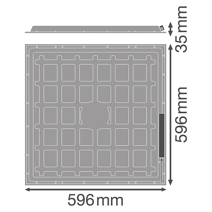 Osram LED-Panel Essential - 36 W, L x B x H: 59,6 x 59,6 x 3,5 cm, Weiß, Kaltweiß - Technische Zeichnung einer quadratischen Revisionsklappe mit den Maßen 596 x 596 x 35 mm.