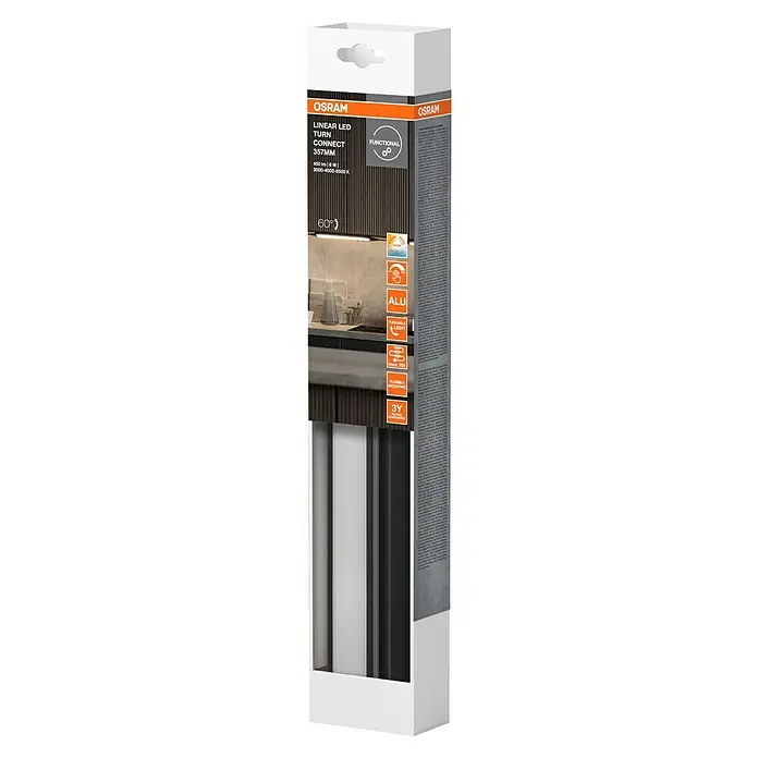 Osram LED-Unterbauleuchte Linear - L x B x H: 35,7 x 6 x 2,4 cm, Lichtfarbe: Tageslichtweiß, 220 V - 240 V, Schwarz - Verpackung der OSRAM LINEAR LED TURN CONNECT 357MM Leuchte. Das Produkt bietet verschiedene Funktionen und ist einfach zu installieren.