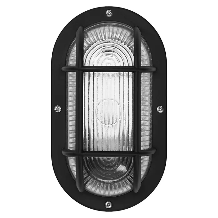 Osram Wand- & Deckenleuchte Bulkhead Essential - L x B x H: 9,8 x 11 x 20,7 cm, Schwarz, E27 - Schwarze ovale Wandleuchte mit Schutzgitter und geriffeltem Glas für den Außenbereich. Robust und stilvoll für Hof, Garten oder Terrasse.